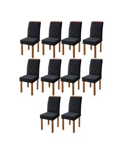 Kit 10 Cadeiras De Jantar Estofada Iza Base Madeira Maciça Tecido Veludo Preto