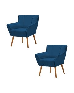 Kit 2 Poltronas Decorativa Itália Para Sala De Estar Base Madeira Maciça Estofado Linho Azul