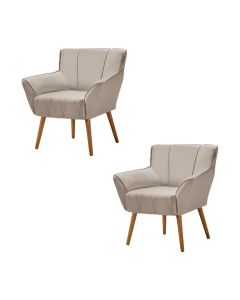 Kit 2 Poltronas Decorativa Itália Para Sala De Estar Base Madeira Maciça Estofado Veludo Bege