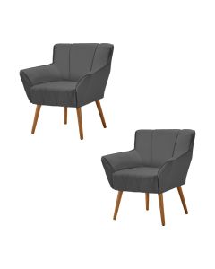 Kit 2 Poltronas Decorativa Itália Sala De Estar Base Madeira Maciça Estofado Veludo Cinza Grafite