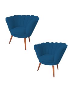 Kit 2 Poltronas Decorativa Pétala Para Clínicas E Base Madeira Maciça Estofado Linho Azul