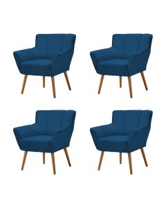 Kit 4 Poltronas Decorativa Itália Para Sala De Estar Base Madeira Maciça Estofado Linho Azul
