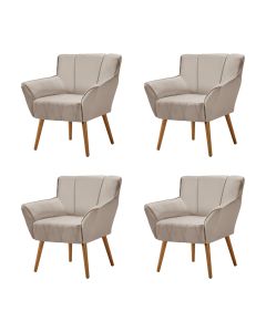 Kit 4 Poltronas Decorativa Itália Para Sala De Estar Base Madeira Maciça Estofado Linho Bege