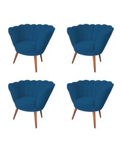 Kit 4 Poltronas Decorativa Pétala Clínicas E Base Madeira Maciça Estofado Veludo Azul