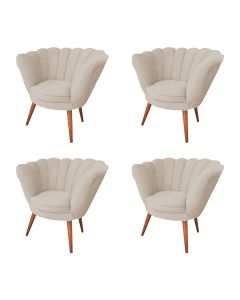 Kit 4 Poltronas Decorativa Pétala Para Clínicas E Base Madeira Maciça Estofado Linho Bege