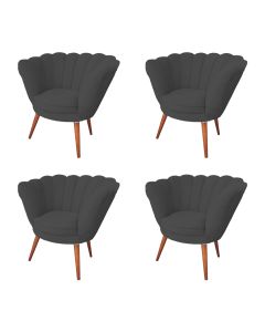 Kit 4 Poltronas Decorativa Pétala Para Clínicas E Base Madeira Maciça Estofado Linho Cinza Grafite