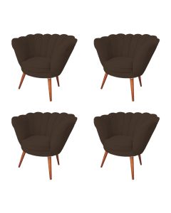 Kit 4 Poltronas Decorativa Pétala Para Clínicas E Base Madeira Maciça Estofado Linho Marrom