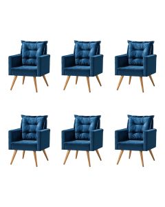 Kit 6 Poltronas Cancun Decorativa Para Recepção Estofado Linho Azul Pés Palito