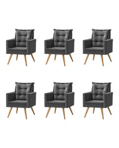 Kit 6 Poltronas Cancun Decorativa Para Recepção Estofado Linho Cinza Grafite Pés Palito
