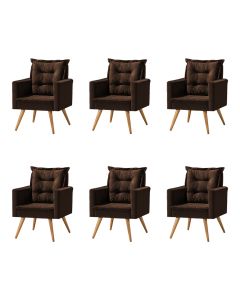 Kit 6 Poltronas Cancun Decorativa Para Recepção Estofado Linho Marrom Pés Palito