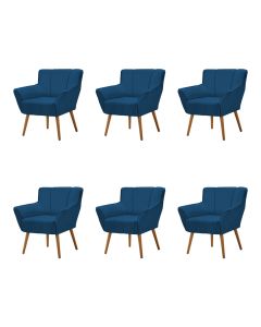 Kit 6 Poltronas Decorativa Itália Para Sala De Estar Base Madeira Maciça Estofado Linho Azul