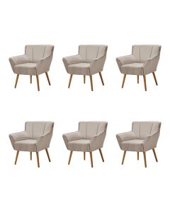 Kit 6 Poltronas Decorativa Itália Para Sala De Estar Base Madeira Maciça Estofado Linho Bege