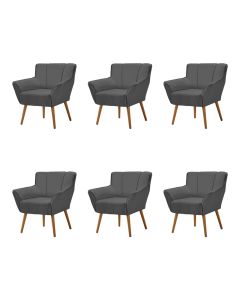 Kit 6 Poltronas Decorativa Itália Sala De Estar Base Madeira Maciça Estofado Linho Cinza Grafite