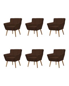Kit 6 Poltronas Decorativa Itália Para Sala De Estar Base Madeira Maciça Estofado Linho Marrom