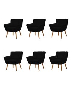 Kit 6 Poltronas Decorativa Itália Para Sala De Estar Base Madeira Maciça Estofado Linho Preto