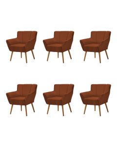 Kit 6 Poltronas Decorativa Itália Para Sala De Estar Base Madeira Maciça Estofado Veludo Terracota