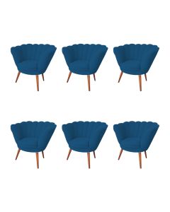 Kit 6 Poltronas Decorativa Pétala Para Clínicas E Base Madeira Maciça Estofado Linho Azul