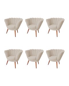 Kit 6 Poltronas Decorativa Pétala Para Clínicas E Base Madeira Maciça Estofado Linho Bege