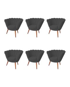 Kit 6 Poltronas Decorativa Pétala Para Clínicas E Base Madeira Maciça Estofado Linho Cinza Grafite