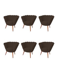 Kit 6 Poltronas Decorativa Pétala Para Clínicas E Base Madeira Maciça Estofado Linho Marrom