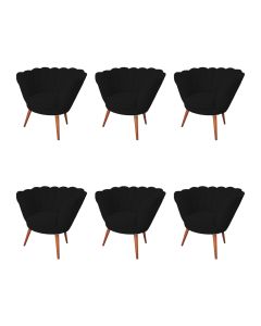 Kit 6 Poltronas Decorativa Pétala Para Clínicas E Base Madeira Maciça Estofado Linho Preto