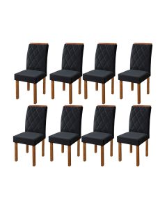Kit 8 Cadeiras De Jantar Estofada Iza Base Madeira Maciça Tecido Veludo Preto