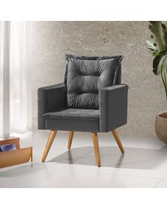 Poltrona Cancun Decorativa Para Recepção Estofado Linho Cinza Grafite Pés Palito