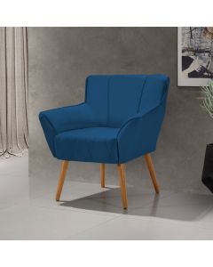 Poltrona Decorativa Itália Para Sala De Estar Base Madeira Maciça Estofado Linho Azul