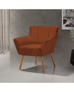 Poltrona Decorativa Itália Para Sala De Estar Base Madeira Maciça Estofado Linho Terracota