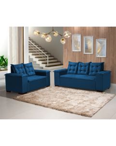 Conjunto Sofá Europa 3x2 Lugares Estofado Capitonê Linho Azul