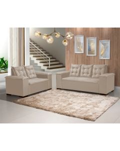 Conjunto Sofá Europa 3x2 Lugares Estofado Capitonê Linho Bege