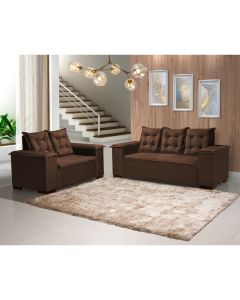 Conjunto Sofá Europa 3x2 Lugares Estofado Capitonê Linho Marrom