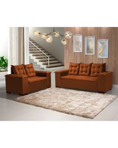 Conjunto Sofá Europa 3x2 Lugares Estofado Capitonê Linho Terracota