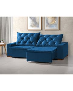 Sofa Retrátil Reclinável Milão 2,90m 5 Lugares Estofado Veludo Azul