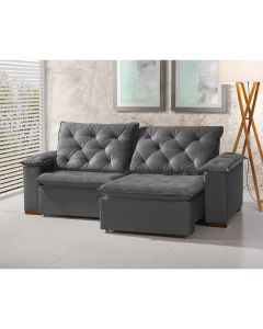 Sofa Retrátil Reclinável Milão 2,90m 5 Lugares Estofado Veludo Cinza Com Braço Almofadado Grafite 